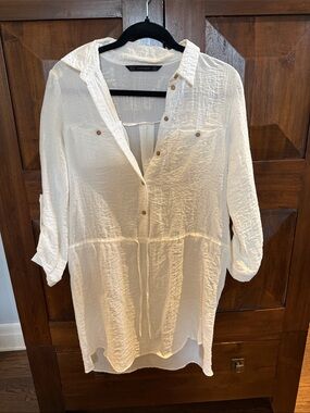 Zara Cream Textured Button-Front Tunic dress with Roll Sleeves